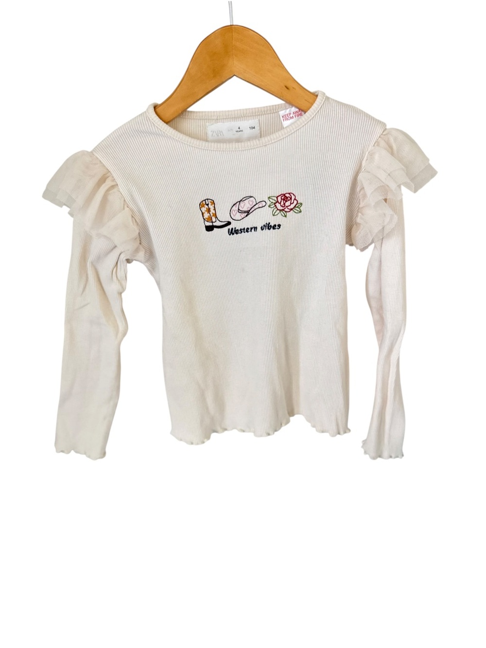 Zara Cream Long-Sleeve Ruffle Shoulder Top with Western Embroidery